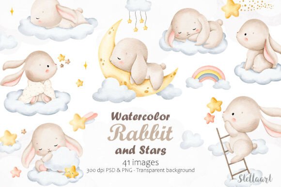 Download Watercolor Rabbits and Stars - Watercolor Collection