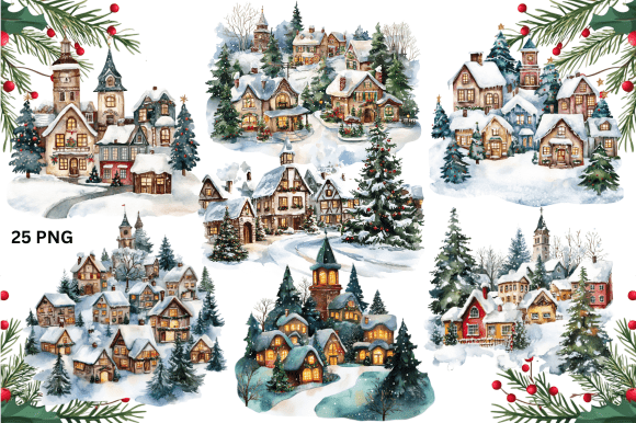 Download Christmas Village Watercolor Bundle - Watercolor Collection