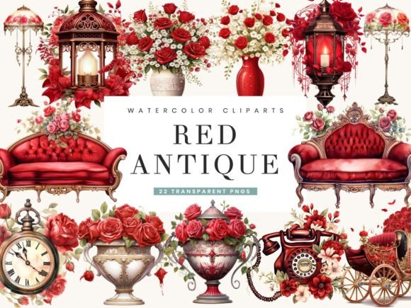 Download Watercolor Red Antique Clipart Bundle - Watercolor Collection