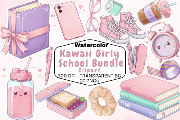 Download Watercolor Kawaii Girly School Clipart - Watercolor Collection