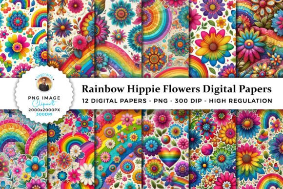Download Rainbow Hippie Flowers Digital Papers - Premium Resources