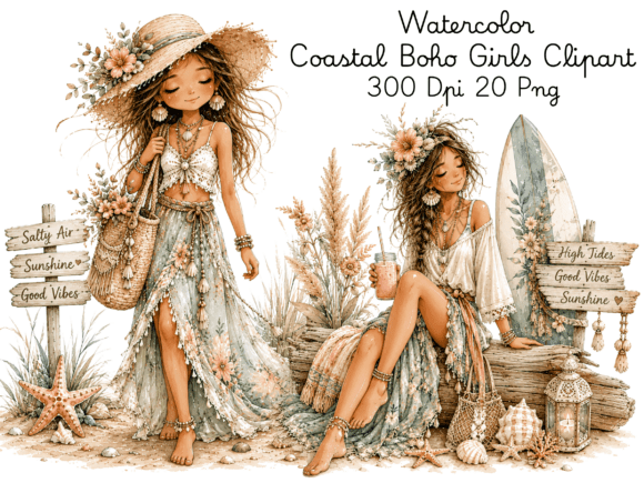 Download Watercolor Coastal Boho Girls Clipart Bu - Watercolor Collection